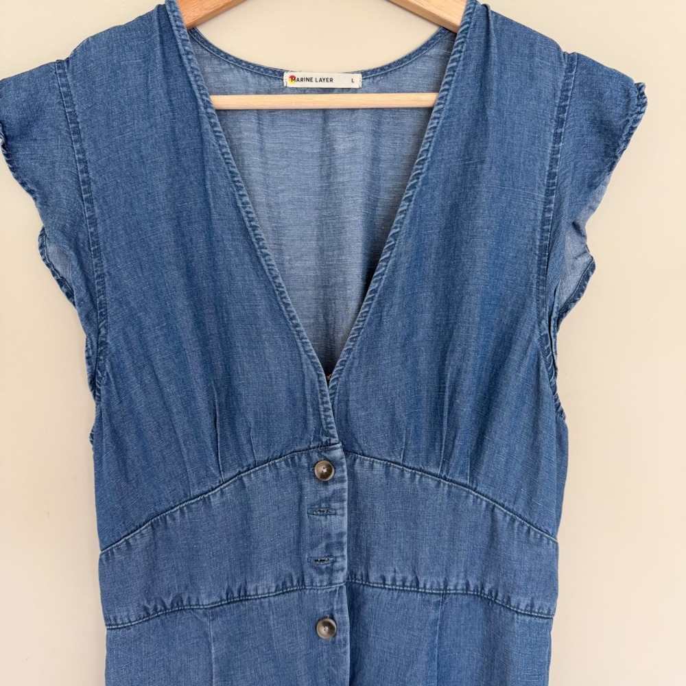 Marine Layer Camila Blue Chambray Midi Dress L V Neck Flutter Sleeve Worn Once - Picture 6 of 10